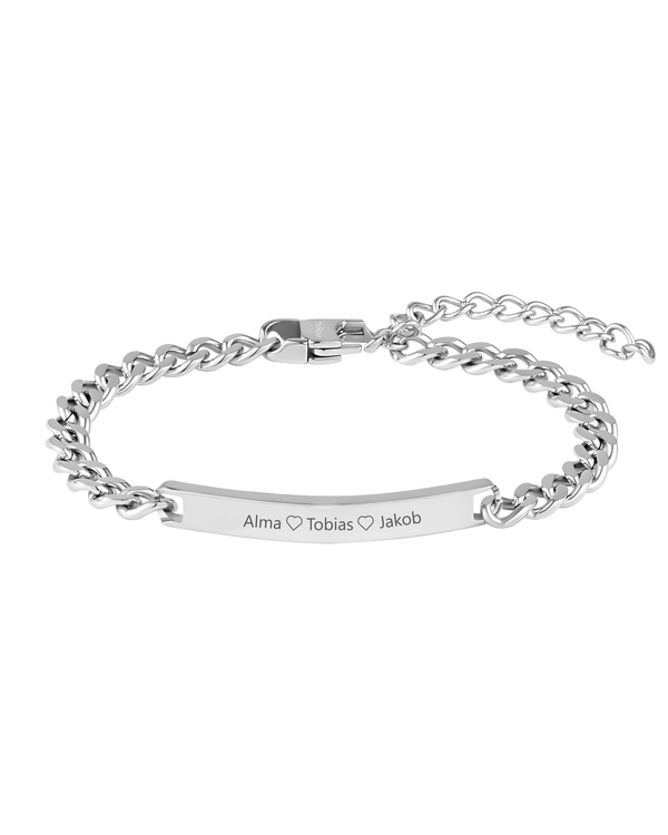 ARA name bracelet from byRavn in silver-coloured stainless steel, curb chain with the engraving "Alma ♡ Tobias ♡ Jakob"