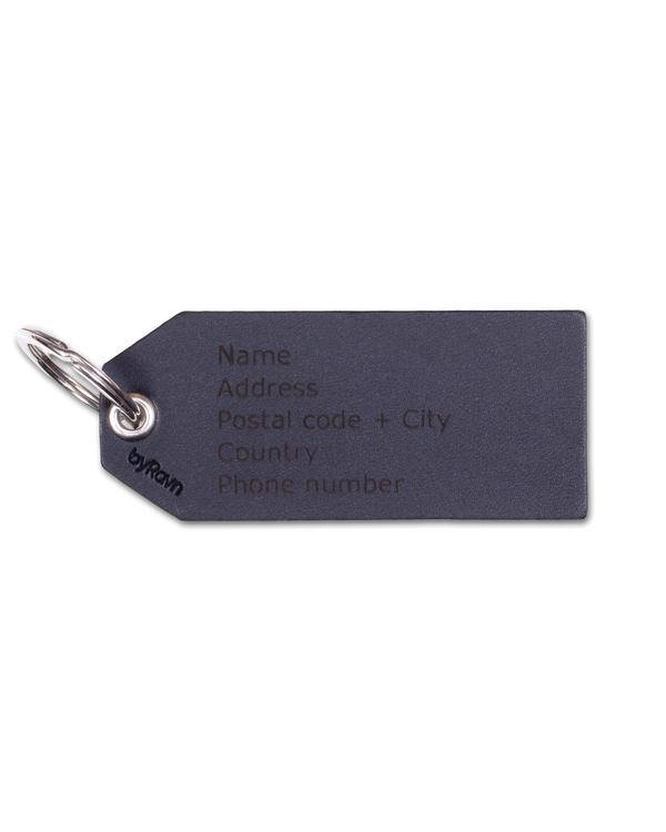 ATLAS luggage tag from byRavn in black leather engraved with name, address, postcode, country and phone number