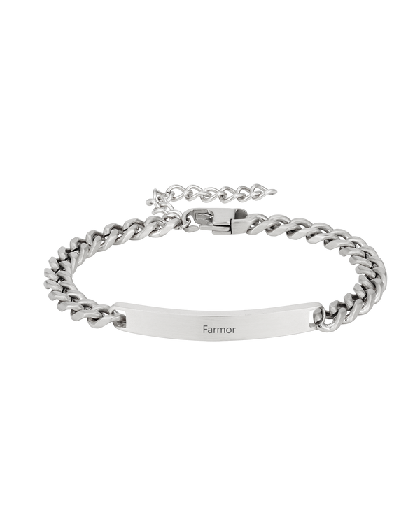 AVA bracelet from byRavn in matte silver-coloured stainless steel, curb chain with plate engraved "Farmor"