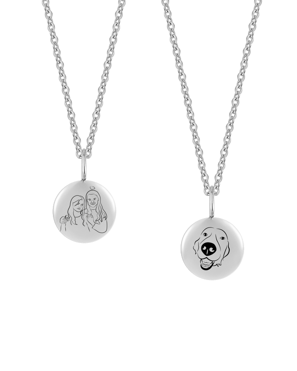 AYA PORTRAIT necklace from byRavn in silver-coloured steel, two small pendants with line-drawn portrait of two women and a dog