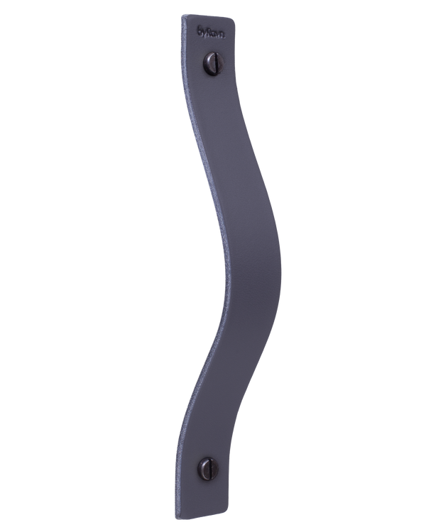BAND leather drawer pull from byRavn in black for drawers and cabinets, curved leather pull with black screws and byRavn embossing