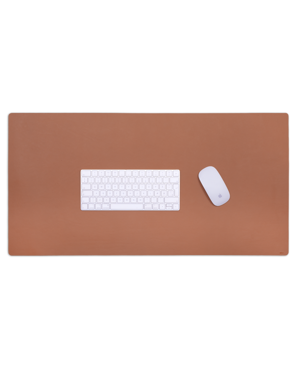 DESK desk pad from byRavn in cognac leather with a white keyboard and computer mouse