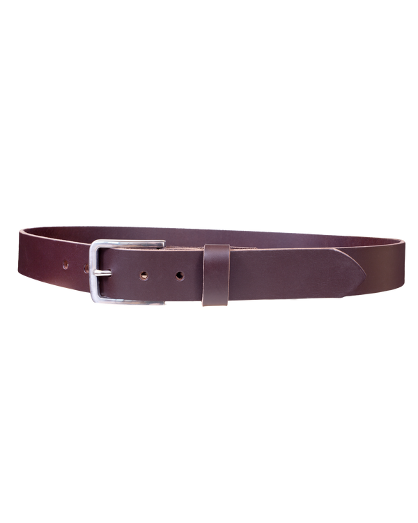 EDGE belt from byRavn in dark brown leather with silver-coloured steel buckle, front view