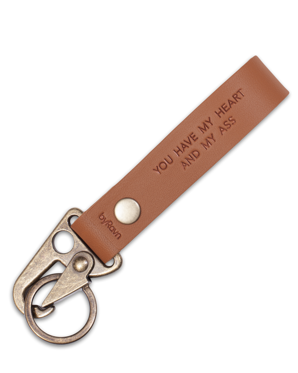 HOOK leather keyring from byRavn in cognac with antique brass carabiner and the engraving "You have my heart and my ass"