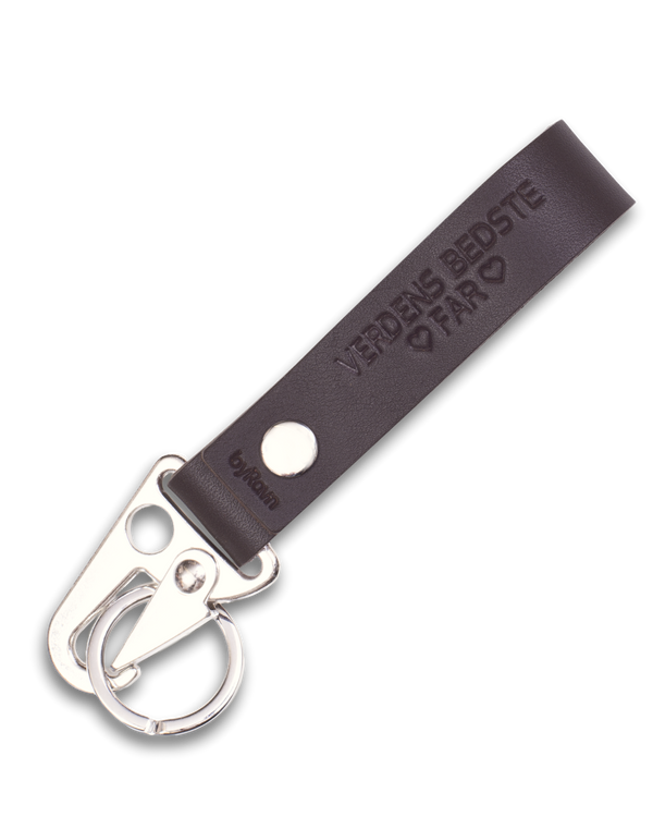 HOOK leather keyring from byRavn in dark brown with steel carabiner and the engraving "Verdens bedste far" with hearts