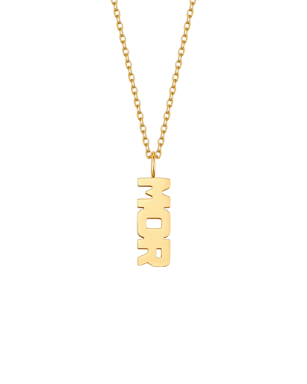 MOM necklace from byRavn in gold-plated stainless steel with pendant shaped as the word "MOR" in block letters