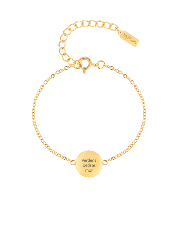 IBI QUOTE bracelet from byRavn in gold-plated stainless steel with round disc and the engraving "Verdens bedste mor"