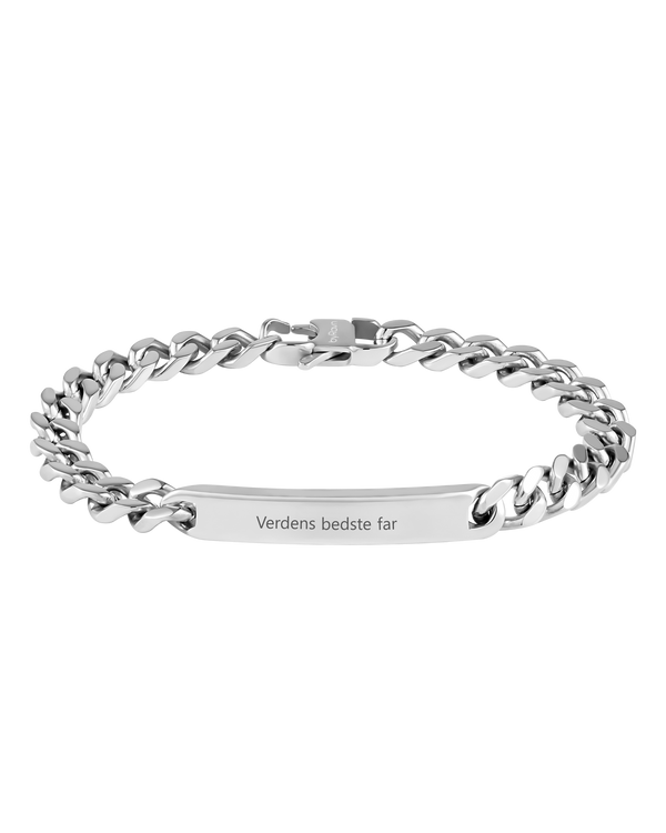 LEO bracelet from byRavn in silver-coloured stainless steel, chunky curb chain with bar plate and the engraving "Verdens bedste far"