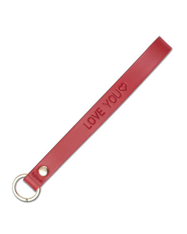 LUX leather keyring from byRavn in red, slim strap with brass key ring and the engraving "Love you" ♡