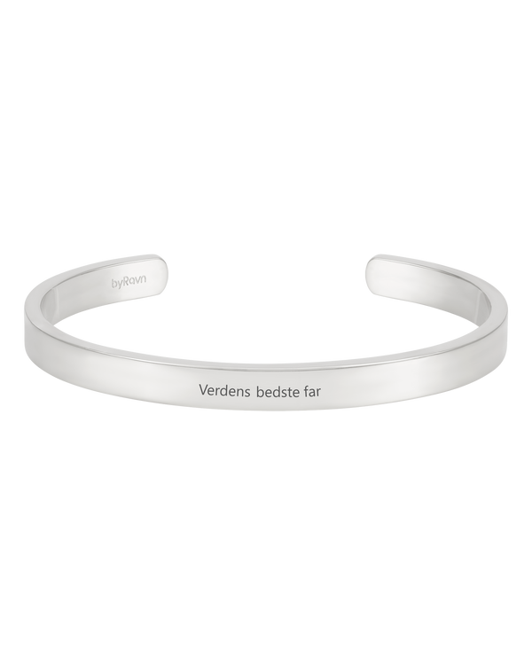 MARS bracelet from byRavn in silver-coloured stainless steel, wide open bangle with the engraving "Verdens bedste far"