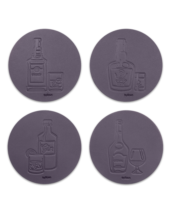 MOKKA spirits leather coasters from byRavn in dark brown, 4 motifs: whisky, rum, gin and cognac with bottle and glass