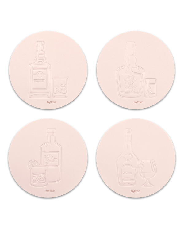 MOKKA spirits leather coasters from byRavn in natural, 4 motifs: whisky, rum, gin and cognac with bottle and glass