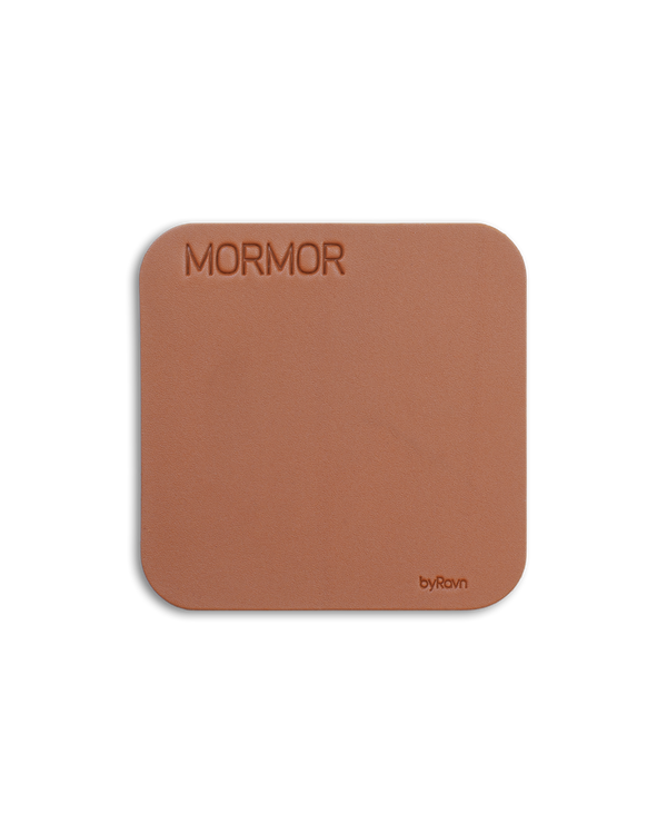 MOKKA square leather coaster from byRavn in cognac with the engraving "Mormor"