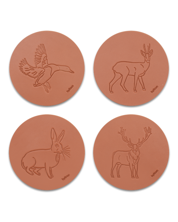 MOKKA hunting leather coasters from byRavn in cognac, pack A with 4 motifs: mallard, roebuck, hare and red deer stag
