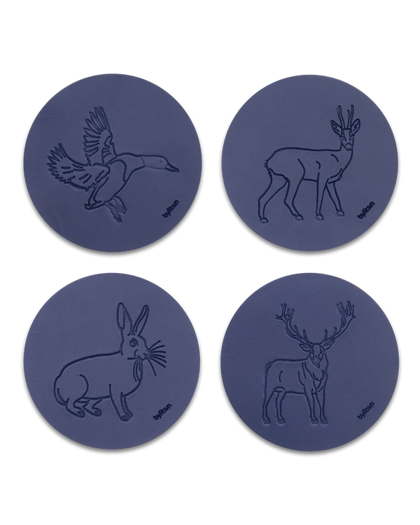 MOKKA hunting leather coasters from byRavn in navy blue, pack A with 4 motifs: mallard, roebuck, hare and red deer stag