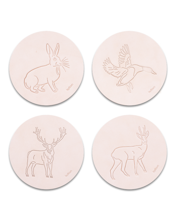 MOKKA hunting leather coasters from byRavn in natural, pack A with 4 motifs: hare, mallard, red deer stag and roebuck