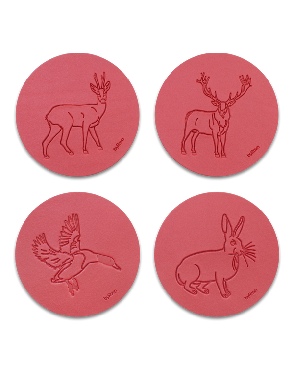 MOKKA hunting leather coasters from byRavn in red, pack A with 4 motifs: roebuck, red deer stag, mallard and hare