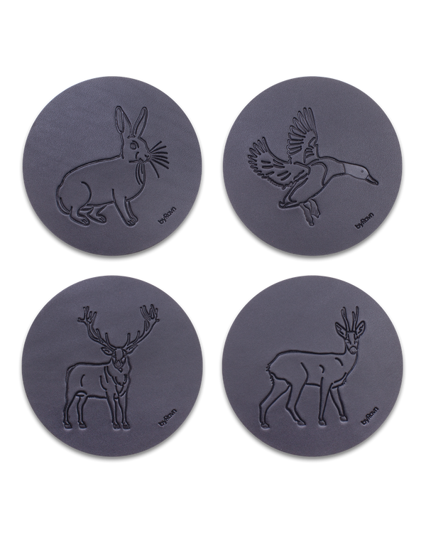 MOKKA hunting leather coasters from byRavn in black, pack A with 4 motifs: hare, mallard, red deer stag and roebuck