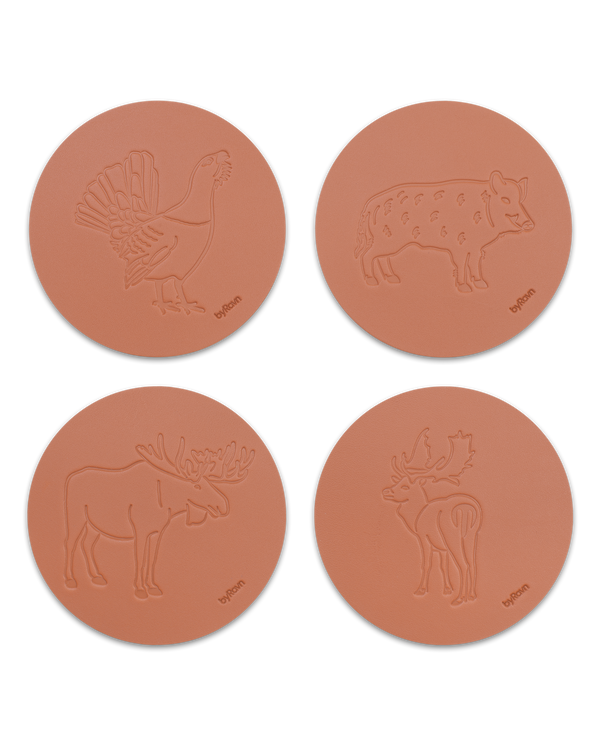 MOKKA hunting leather coasters from byRavn in cognac, pack B with 4 motifs: capercaillie, wild boar, elk and fallow deer