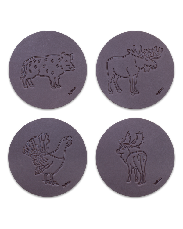 MOKKA hunting leather coasters from byRavn in dark brown, pack B with 4 motifs: wild boar, elk, capercaillie and fallow deer