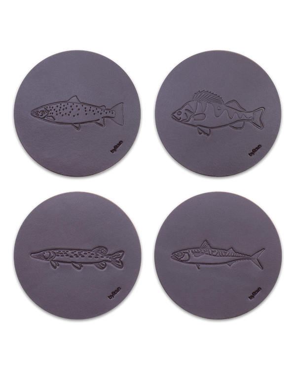 MOKKA angler leather coasters from byRavn in dark brown, 4 fish: sea trout, perch, pike and mackerel
