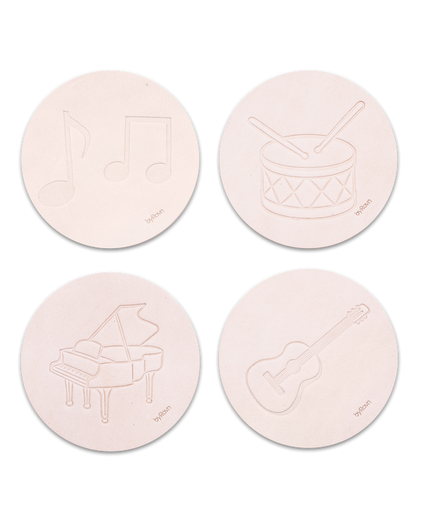 MOKKA music coasters from byRavn in natural leather, 4 motifs: sheet music, drum, grand piano and guitar