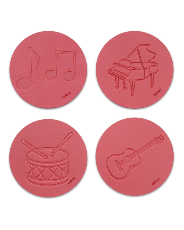 MOKKA music coasters from byRavn in red leather, 4 motifs: sheet music, grand piano, drum and guitar