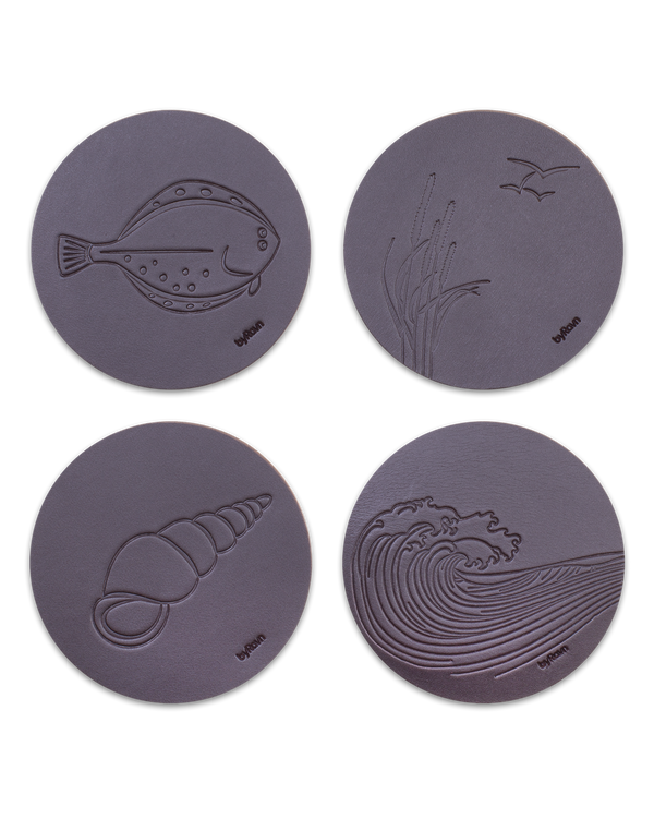 MOKKA summer house leather coasters from byRavn in dark brown, 4 motifs: flatfish, marram grass with seagulls, conch shell and wave