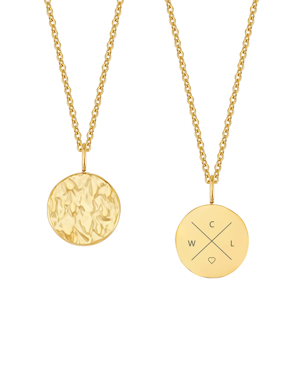 MOON X necklace from byRavn in gold-plated stainless steel, round coin with hammered front and cross engraved "C L W" and heart
