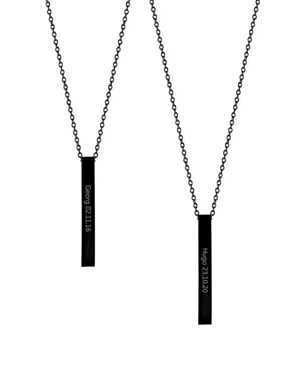 NEO necklace from byRavn in black steel, two elongated bar pendants with "Georg 02.11.16" and "Hugo 23.10.20" engraved lengthwise