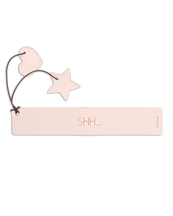 PAGE bookmark from byRavn in natural leather with the engraving "Shh..." and leather heart and star on a cord