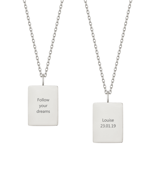 RAZ necklace from byRavn in silver-coloured stainless steel, two rectangular pendants engraved "Follow your dreams" and "Louise 23.01.19"
