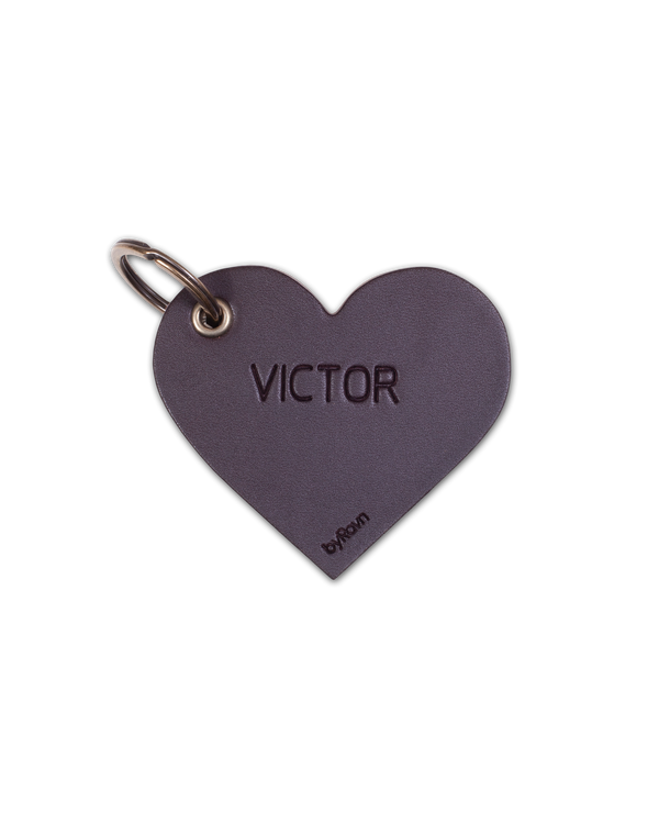 ROSE heart-shaped keyring from byRavn in dark brown leather with the name "Victor" engraved and steel key ring