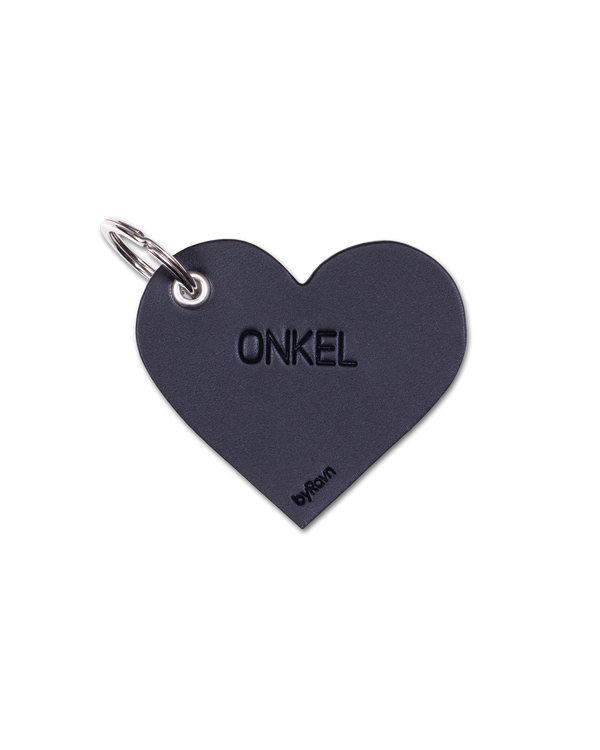 ROSE heart-shaped keyring from byRavn in black leather with the engraving "Onkel" and steel key ring