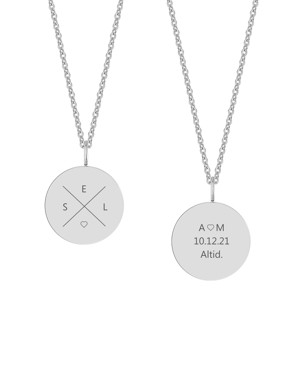 SIA X necklace from byRavn in silver-coloured stainless steel, two round pendants with "E S L ♡" in a cross and "A ♡ M 10.12.21 Altid."