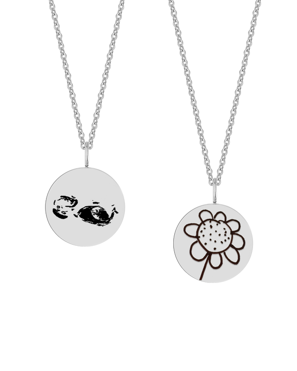 SIA MOTIF necklace from byRavn in silver-coloured stainless steel, two round pendants with ultrasound scan and child's flower drawing
