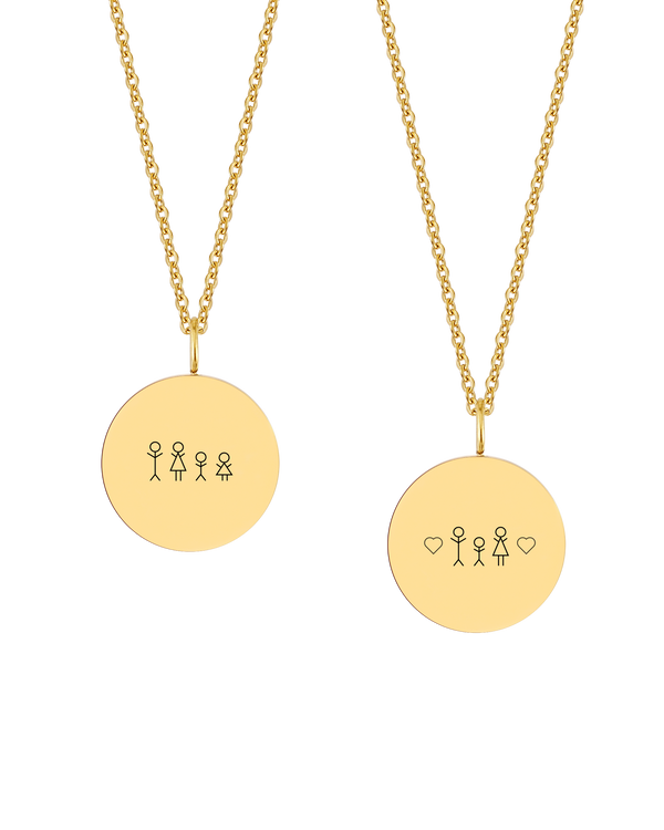 SIA STICK necklace from byRavn in gold-plated steel, two round pendants engraved with a matchstick family – one with hearts on the sides