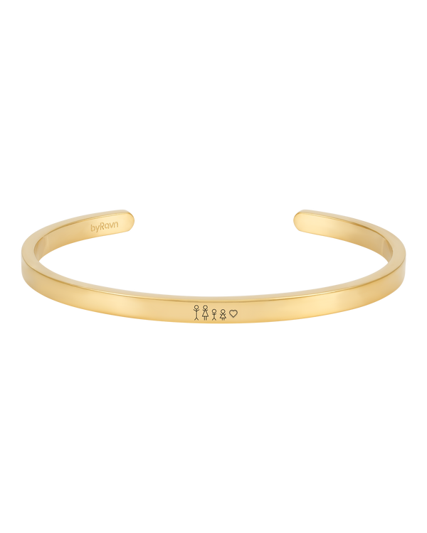 VENUS STICK bracelet from byRavn in gold-plated stainless steel, open bangle engraved with matchstick family and heart