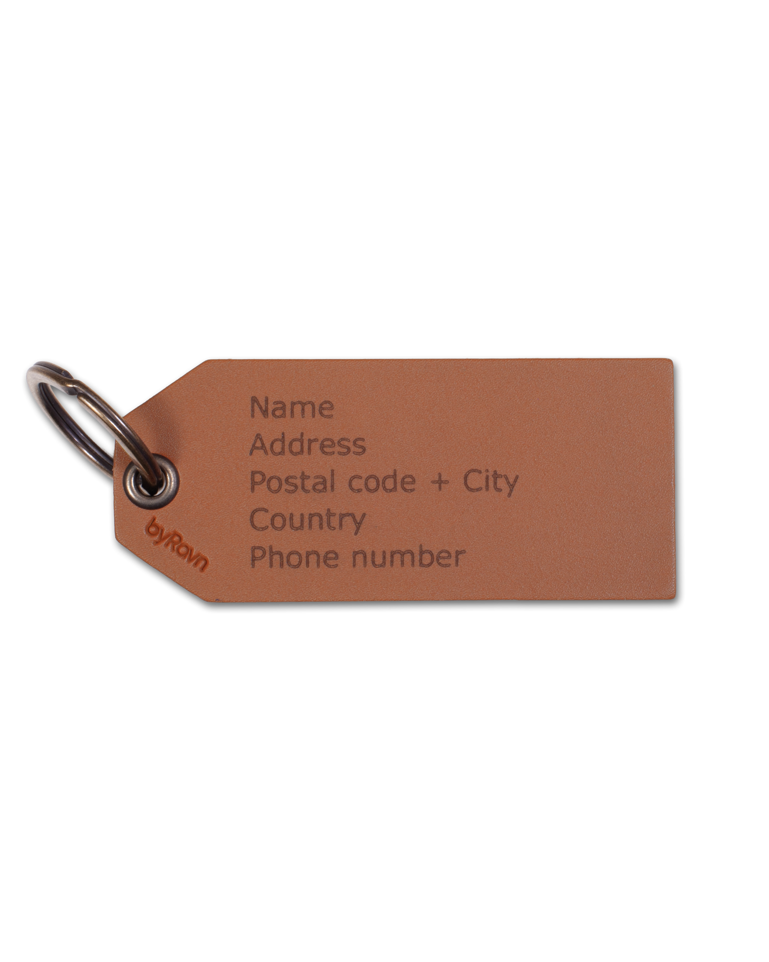 ATLAS luggage tag from byRavn in cognac leather engraved with name, address, postcode, country and phone number
