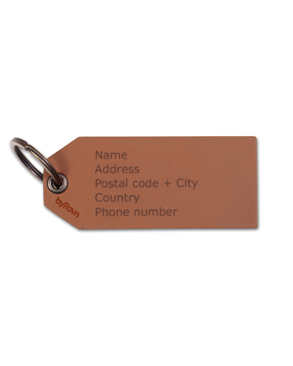 ATLAS luggage tag from byRavn in cognac leather engraved with name, address, postcode, country and phone number