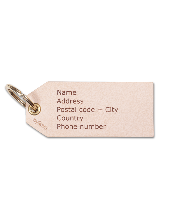 ATLAS luggage tag from byRavn in natural leather engraved with name, address, postcode, country and phone number