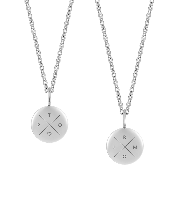 AYA X necklace from byRavn in silver-coloured steel, two small pendants with the letters "T P O ♡" and "R J M O" engraved in a cross