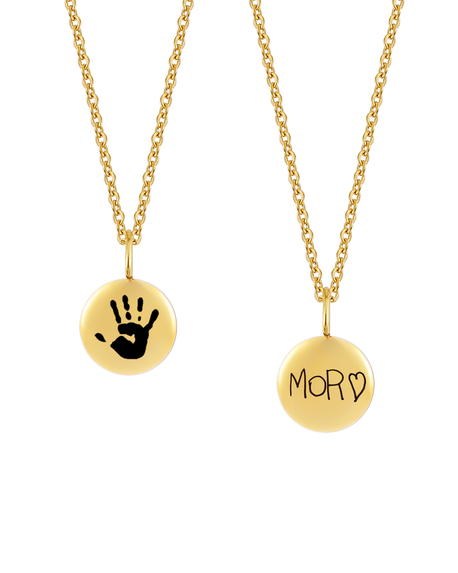 AYA MOTIF necklace from byRavn in gold-plated steel, two small pendants engraved with a child's handprint and handwritten "Mor" ♡