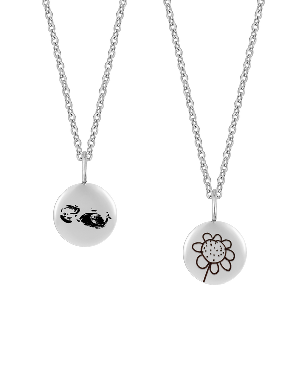 AYA MOTIF necklace from byRavn in silver-coloured steel, two small pendants with ultrasound scan and child's flower drawing