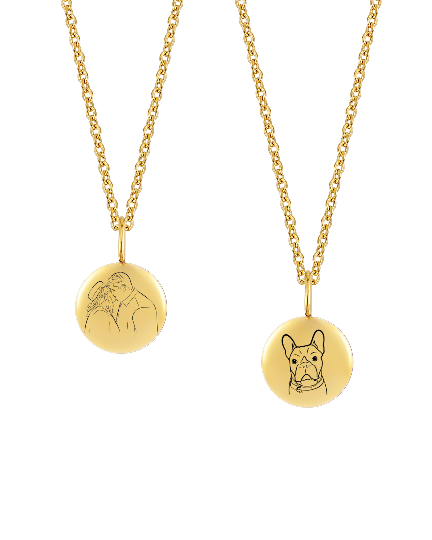 AYA PORTRAIT necklace from byRavn in gold-plated steel, two small pendants with line-drawn portrait of a couple and a French bulldog