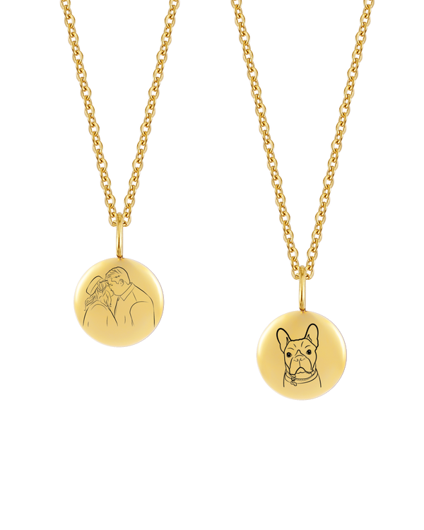 AYA PORTRAIT necklace from byRavn in gold-plated steel, two small pendants with line-drawn portrait of a couple and a French bulldog