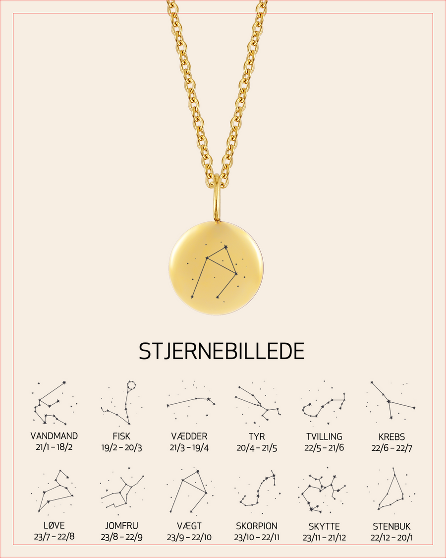 AYA STAR necklace in gold-plated stainless steel engraved with the Libra constellation, with overview of all 12 constellations