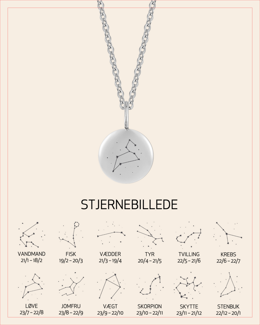 AYA STAR necklace in silver-coloured stainless steel engraved with the Leo constellation, with overview of all 12 constellations