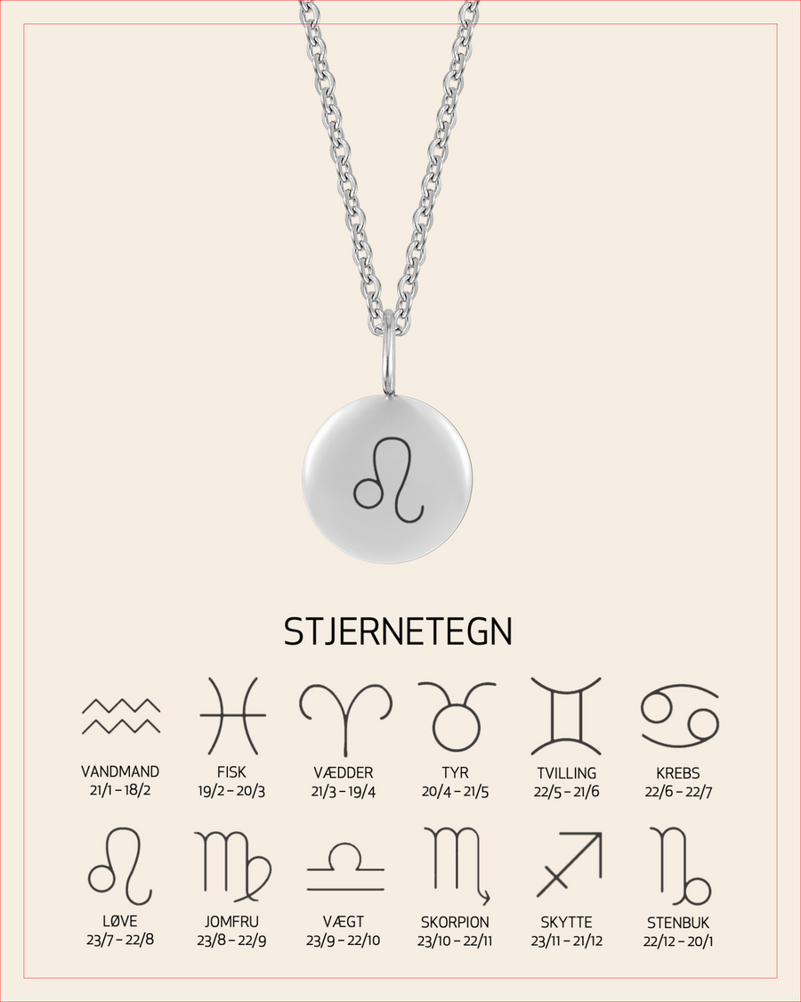 AYA STAR necklace in silver-coloured stainless steel engraved with the Leo zodiac sign, with overview of all 12 zodiac signs and dates