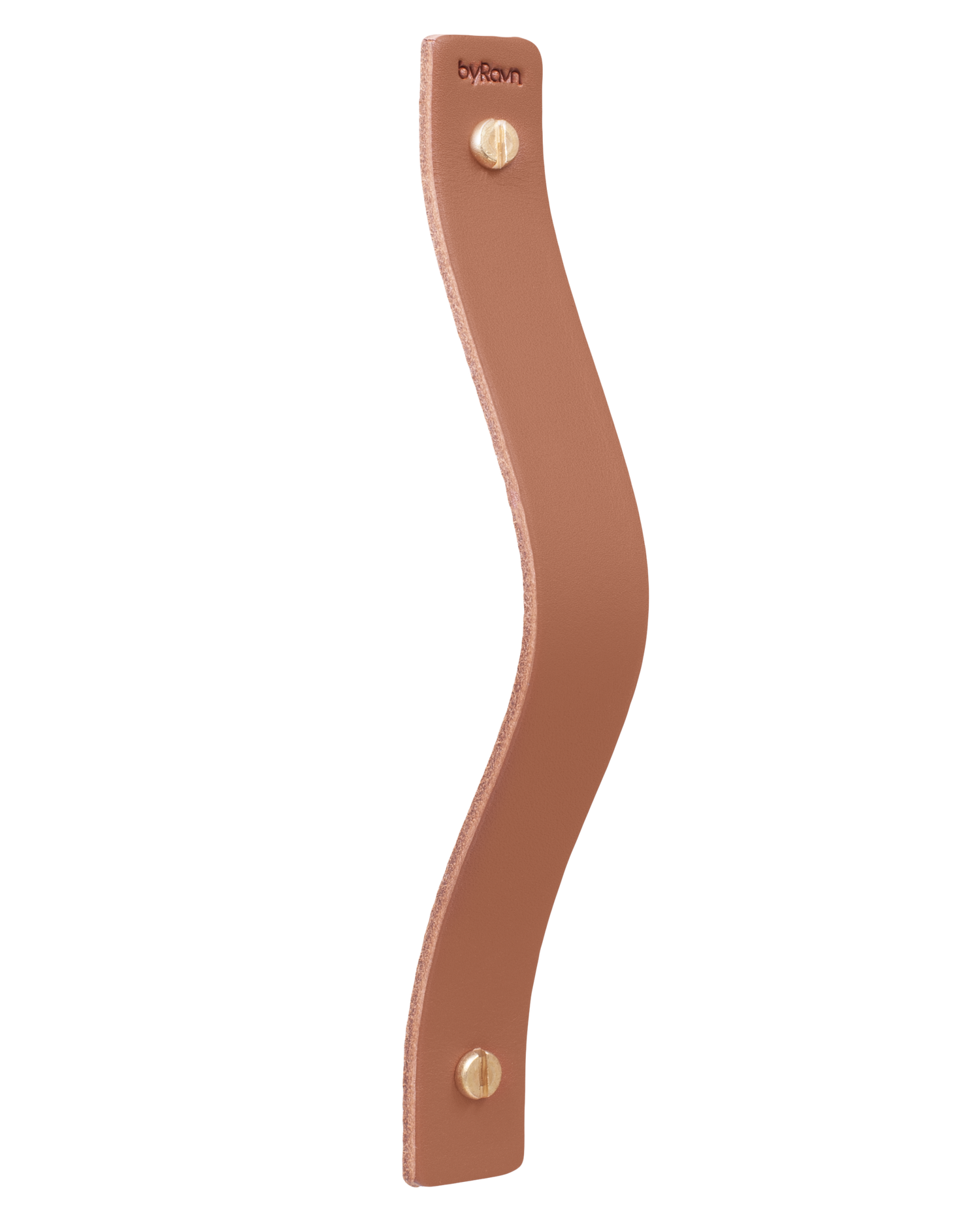 BAND drawer pull from byRavn in cognac for drawers and cabinets, curved leather handle with two brass screws and byRavn embossing
